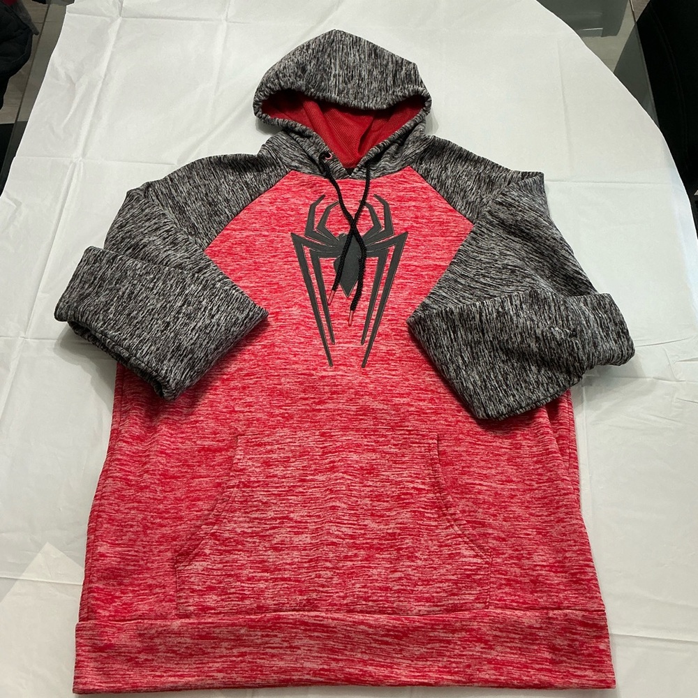 Marvel Spider-Man Men’s XL Red Gray Pullover Hoodie Sweatshirt Black Logo